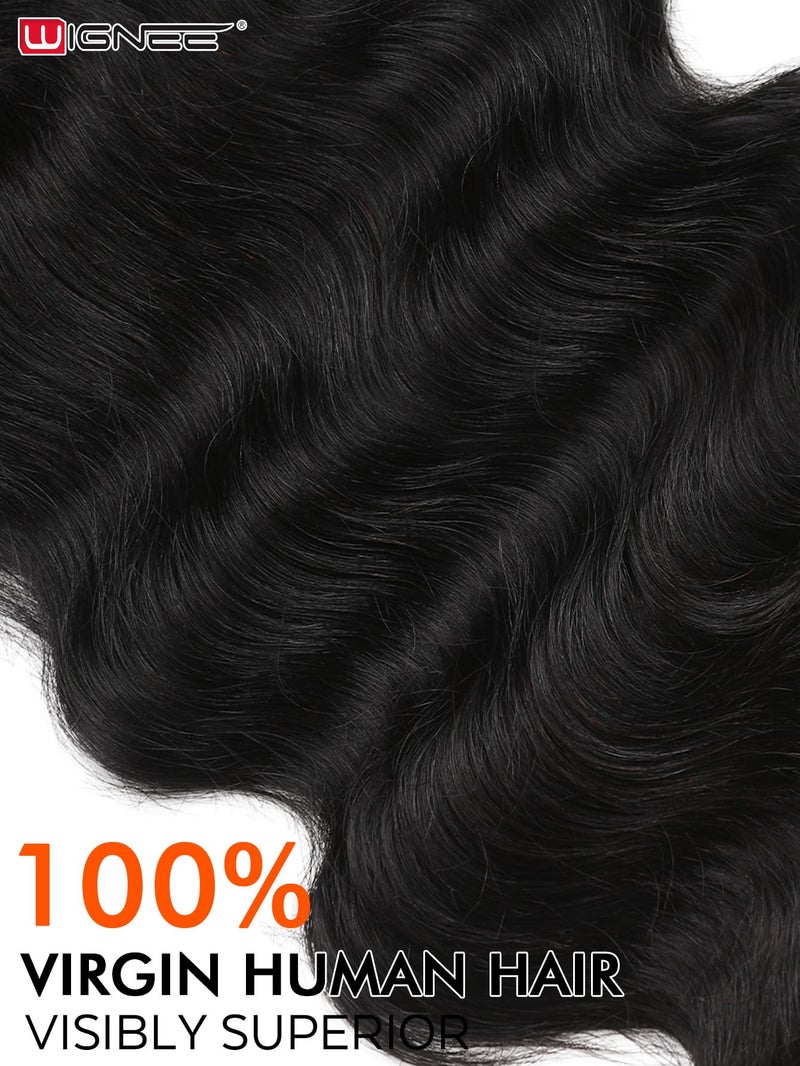 WIGNEE 100% Virgin Human Hair Natural Wave Wigs with Bangs Brazilian Human Hair Wave Wigs Natural Black Color (16 Inch) - Image 5